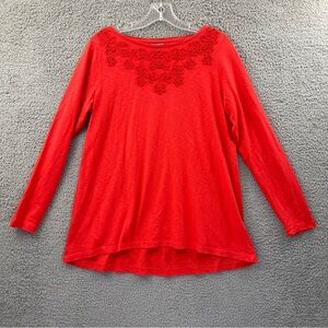 J. Jill Long‎ Sleeve Embroidered Tunic Top 100% Cotton Red Orange Preppy Women S